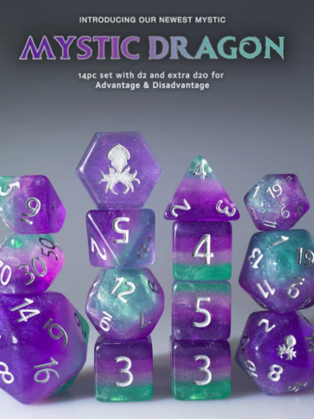 Kraken Dice - Mystic Dragon 14pc Silver Ink Dice Set With Kraken Logo